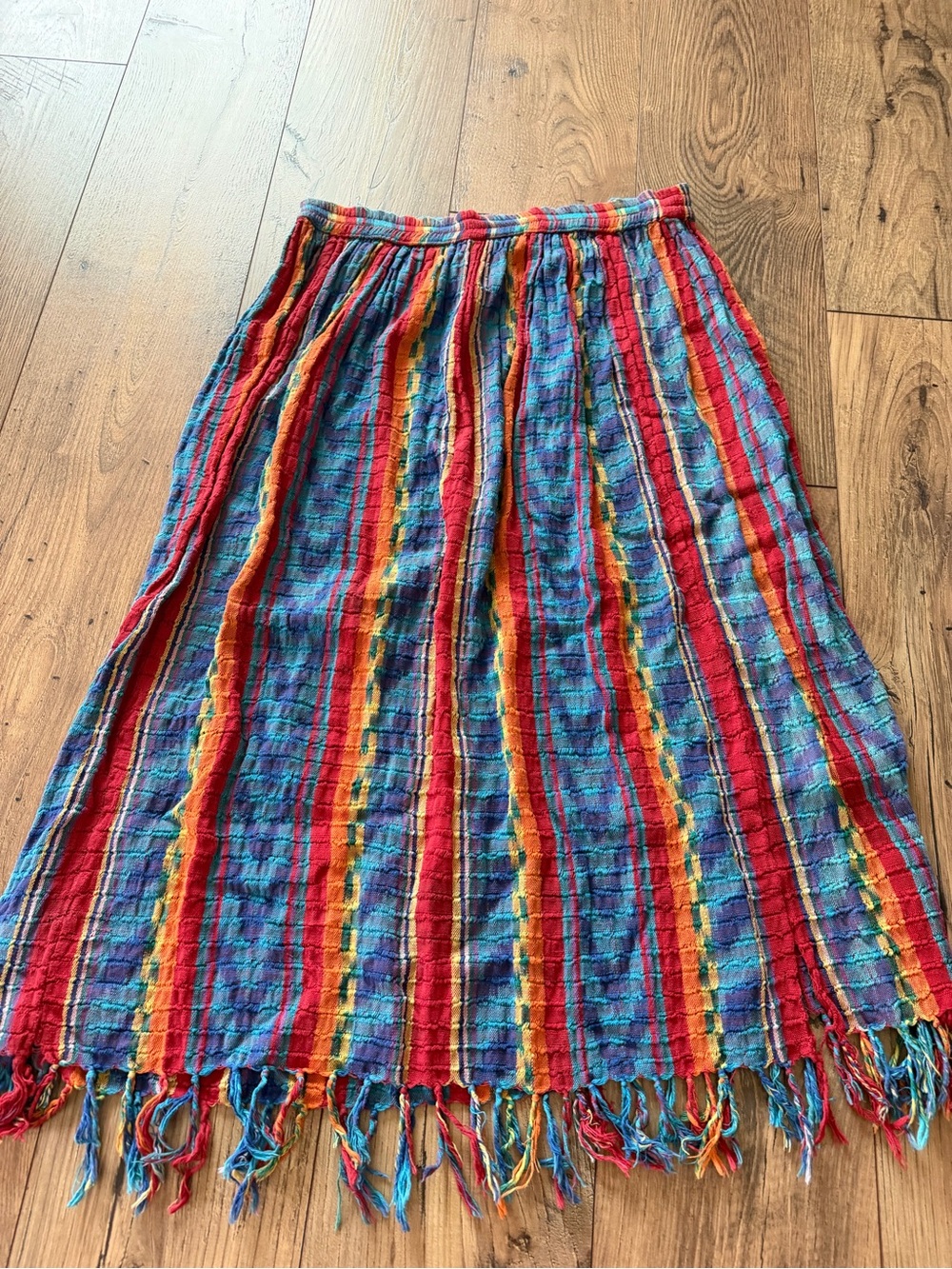 Vintage Ixchel Boho Artisan Striped Fringe Midi Skirt - Colorful Cotton